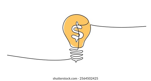 A light bulb with a dollar sign inside, symbolizing ideas that spark financial success. Continuous line drawing for finance and business concepts. Vector illustration hand drawn.