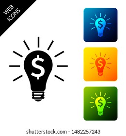 Light bulb with dollar symbol icon isolated on white background. Money making ideas. Fintech innovation concept. Set icons colorful square buttons. Vector Illustration