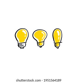 Leuchtstoffdoodle-Kollektion. Handgezeichnete einfache elektrische Lampen, Symbole von Ideen, Lösungen, Innovation und Kreativität.