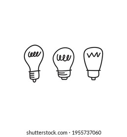 Leuchtstoffdoodle-Kollektion. Handgezeichnete einfache elektrische Lampen, Symbole von Ideen, Lösungen, Innovation und Kreativität.
