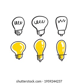 Light bulb doodle collection. Hand drawn simple electric lamps, symbols of ideas, solutions, innovation and creativity.