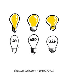 Colección de doodles de bombillas. Lámparas eléctricas simples de mano, símbolos de ideas, soluciones, innovación y creatividad.