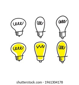 Light bulb doodle collection. Hand drawn simple electric lamps, symbols of ideas, solutions, innovation and creativity.