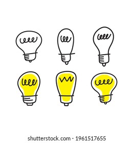 Colección de doodles de bombillas. Lámparas eléctricas simples de mano, símbolos de ideas, soluciones, innovación y creatividad.