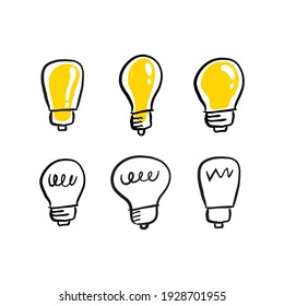 Light bulb doodle collection. Set of hand drawn electric lamp. Symbol of idea, innovation and solution. 