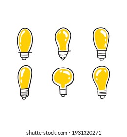 Colección de doodles de bombillas. Juego de lámparas eléctricas de mano. Símbolo de idea, innovación y solución. 
