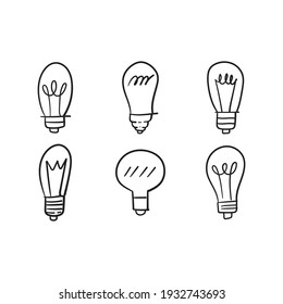 Colección de doodles de bombillas. Juego de lámparas eléctricas de mano. Símbolo de idea, innovación y solución. 