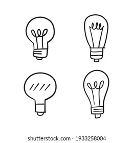 Light bulb doodle collection. Set of hand drawn electric lamp. Symbol of idea, innovation and solution. 