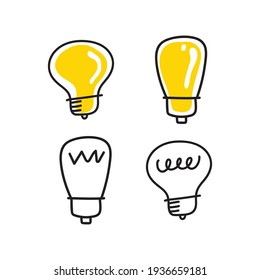 Colección de doodles de bombillas. Juego de lámparas eléctricas de mano. Símbolo de idea, innovación y solución. 