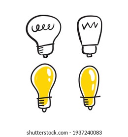 Colección de doodles de bombillas. Juego de lámparas eléctricas de mano. Símbolo de idea, innovación y solución. 