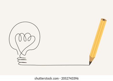 Light bulb doodle drawing line with yellow pencil isolated on background. Concept of idea, inspiration, think, creativity, solution. Flat vector illustration.