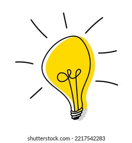 Light bulb doodle. Hand drawn idea icon. Solution concept. Hand drawn rough lightbulb logo. Light bulb doodle shinning. Electric lamp symbol of idea and solution. Vector illustration