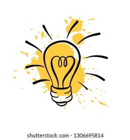 Light bulb doodle icon for logo, poster, banner, printing, For designing opinion leader, idea generating, inspiration,  energy, business and leadership. Isolated on textured background. Shining light