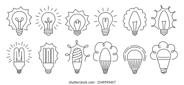 Light Bulb Doodle Icon Set. Classic Retro Glass Lamp With Rays Shine, Ecology Led Line Sign, Economy Lightbulb. Symbol Idea And Creativity, Innovation, Modern Invention. Saving Electricity Bulb