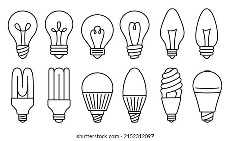 Light bulb doodle icon set. Retro glass lamp, ecology spiral led, economy energy saving lightbulb line sign. Symbol idea and creativity, innovation, modern invention. Saving electricity bulb vector