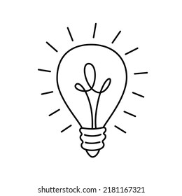 Glühbirne auf Doodle-Stile, mit Rays Shine. Vektorsymbol. Flache Cartoon Illustration, Clipart. Symbol der Ideen, Kreativität, Innovation, Inspiration und Erfindung. 