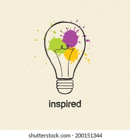 Light bulb in doodle style with colored paint splashes over paper texture. Inspiration concept