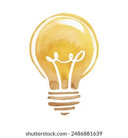 light bulb doodle in watercolor style, solution and idea symbol, cute aesthetic lamp