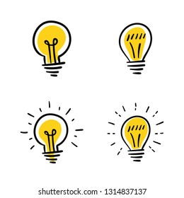 Light bulb doodles, hand drawn lamps, symbol of idea.
