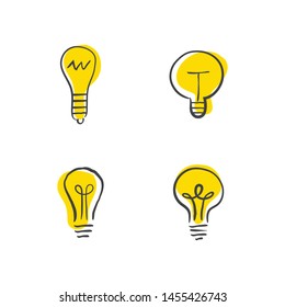 Light bulb doodles, hand drawn idea icons. Lamp innovation sketches.