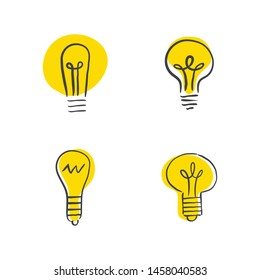 Light bulb doodles, hand drawn idea icons. Lamp innovation sketches.