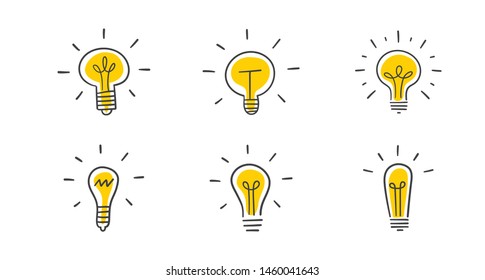 Light bulb doodles, hand drawn idea icons. Lamp innovation sketches.