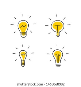 Light bulb doodles, hand drawn idea icons. Lamp innovation sketches.
