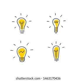 Light bulb doodles, hand drawn idea icons. Lamp innovation sketches.