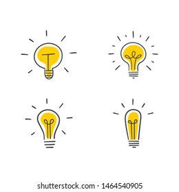 Light bulb doodles, hand drawn idea icons. Lamp innovation sketches.