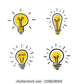 Light bulb doodles, idea symbol hand drawn vector set