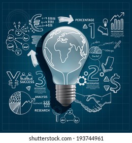 light bulb doodles line drawing blueprint success strategy infographic plan idea with magnifier.Vector illustration.