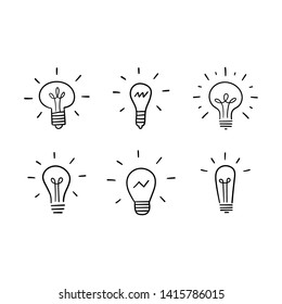 Light bulb doodles set. Hand drawn idea icons. Creativity and innovation concept.