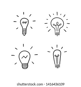 Light bulb doodles set. Hand drawn idea icons. Creativity and innovation concept.