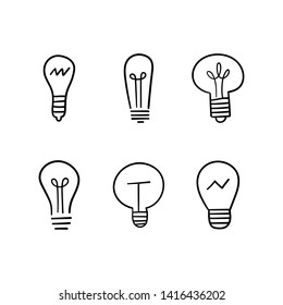 Light bulb doodles set. Hand drawn idea icons. Creativity and innovation concept.