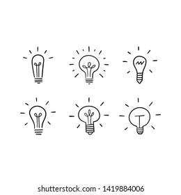 Light bulb doodles set. Hand drawn idea icons. Creativity and innovation concept.