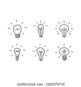 Light bulb doodles set. Hand drawn idea icons. Creativity and innovation concept.