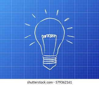 Light bulb drawing on blueprint background