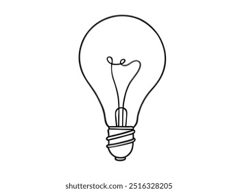 A light bulb is drawn in black on a white background. The bulb is lit up, but the light is not very bright. Concept of calm and tranquility, as the light is not too intense