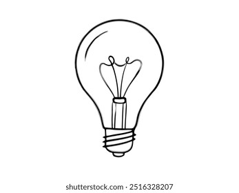 A light bulb is drawn in black on a white background. The bulb is lit up, but the light is not very bright. Concept of calm and tranquility, as the light is not too intense