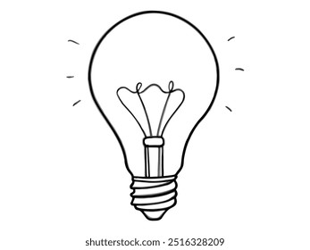 A light bulb is drawn in black and white. The light bulb is lit up and is the main focus of the image