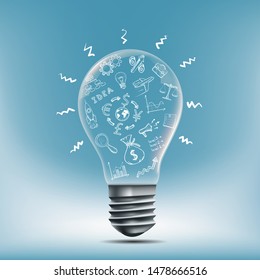 Light bulb with drawn business doodles inside. Vector illustration