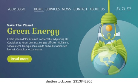 Light bulb with Earth and landscape, text green energy, template for website. The concept of ecology, save the planet, protect the environment. Vector illustration. For banner, poster, advertising.