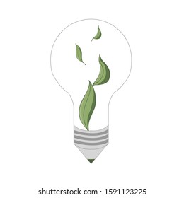Light bulb, ecological type of energy production. Green leaves.