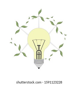 Light bulb, ecological type of energy production. Green leaves. Windmill electrical station