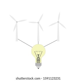 Light bulb, ecological type of energy production. Green leaves. Windmill electrical station