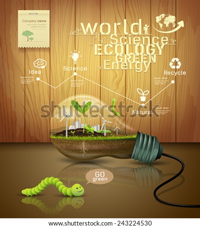 Light bulb ecology concept design background, with sprouts plant, soil, building, worm green, on wood background vector illustrations
