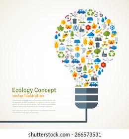 Light Bulb with Ecology Icons Pattern. Vector Illustration. 