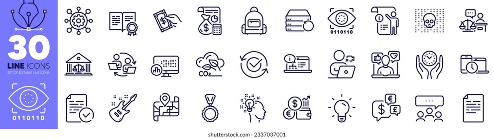 Bombilla, guitarra eléctrica e iconos de línea Framework. Idea, moneda de dinero, icono web de inteligencia artificial. Juez de la Corte, Mapa, Reporte de estadísticas pictograma. Tiempo seguro, doc. manual. Vector