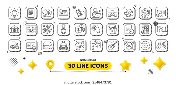 Bombilla, guitarra eléctrica y paquete de iconos de línea Framework. Elementos de diseño 3D. Idea, Moneda de dinero, Icono de Web de inteligencia artificial. Juez del tribunal, mapa, pictograma de estadísticas del informe. Vector