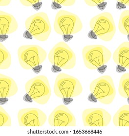 Light bulb, electric lamp seamless pattern background. Business flat vector illustration. Idea sign, solution, thinking sign symbol pattern. Flat Style Texture Background. Success and leadership.